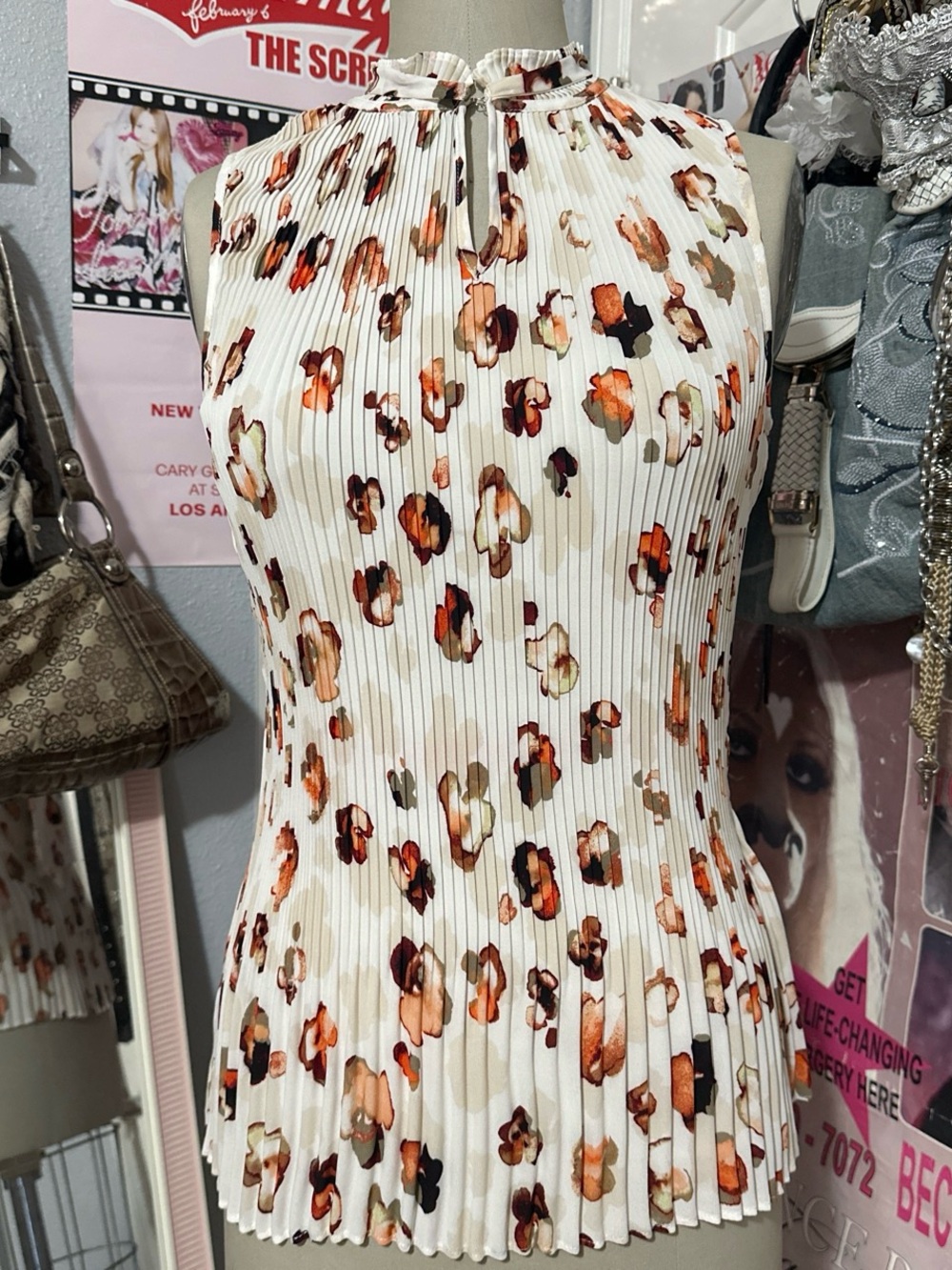 DKNY White Pleated Halter-Neck Top with Orange & Brown Leopard Print Size M